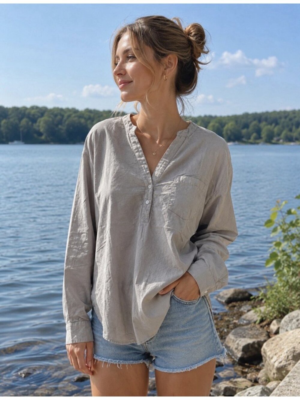 Vikolino Tunic Shirt S/M Euro Washed Linen Oversized Oatmeal Gray Lagenlook NEW